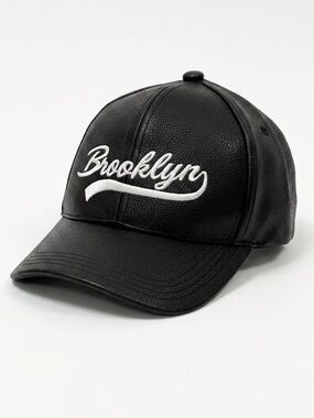 Brooklyn Script Black Faux Leather Baseball Cap